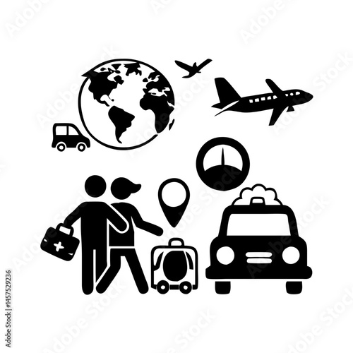 Black and white traveling vector illustration showing several different modes of transportation