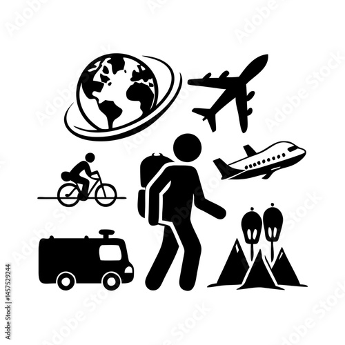 Various modes of transportation and global exploration illustration in solid black