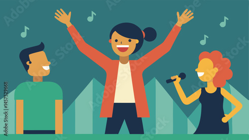 Concert Experience An extrovert is in the front row dancing and singing along with enthusiasm while an introvert is further back swaying gently with a serene look enjoying the