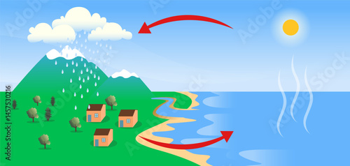 Water Cycle vector Illustration, diagram of  rain circulation showcasing evaporation, condensation, and precipitation