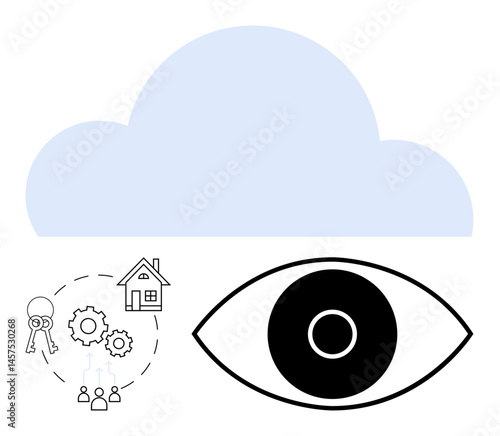 Abstract cloud above a bold eye, real estate icon, gears, people, and key. Ideal for real estate, teamwork, technology, security data analysis connectivity simple landing page