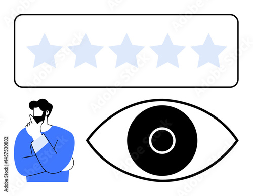 Man thinking, five stars representing rating, and large eye symbolizing observation. Ideal for evaluation, customer review, decision-making, analytics, feedback, personal growth simple landing page