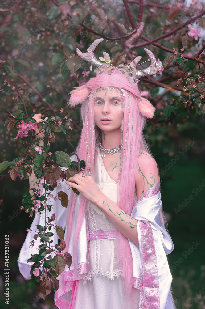 Deer dryad girl against the background of a blooming pink apple tree