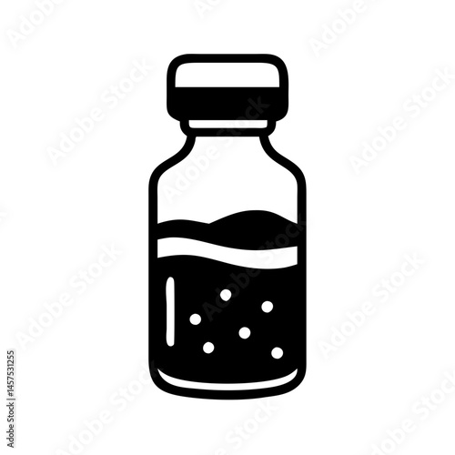 Minimalist representation of a medication vial filled with liquid and bubbles