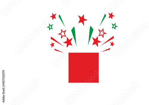 Vector Illustration of Red Gift Box with Stars and Sparkles, Bold Graphic Style, Festive Celebration Concept with Copy Space

