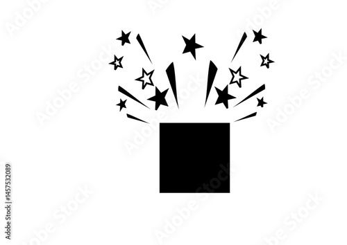 Vector Black and White Icon of Surprise Box with Sparks and Stars, Hand-Drawn Style, Monochrome Celebration Theme with Copy Space

