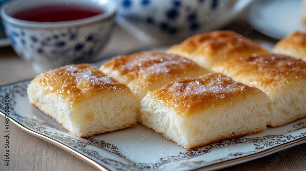 Turkish rek sweet bread topped sugar glaze perfect for breakfast served with a cup of Turkish tea Soft inviting and aromatic Side view Turkish rek sweet bread topped sugar glaze perfect for breakfast served with a cup of Turkish tea Soft inviting and aromatic Side view