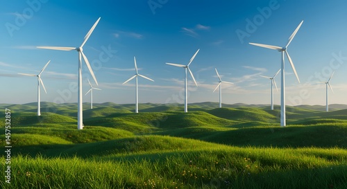 A serene landscape featuring wind turbines on rolling green hills under a clear blue sky, captured in ultra-realistic detail with natural lighting