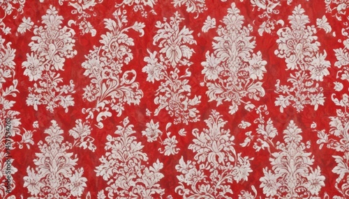 Intricate red damask on white flock wallpaper, retro vintage aesthetic, graphic, red and white