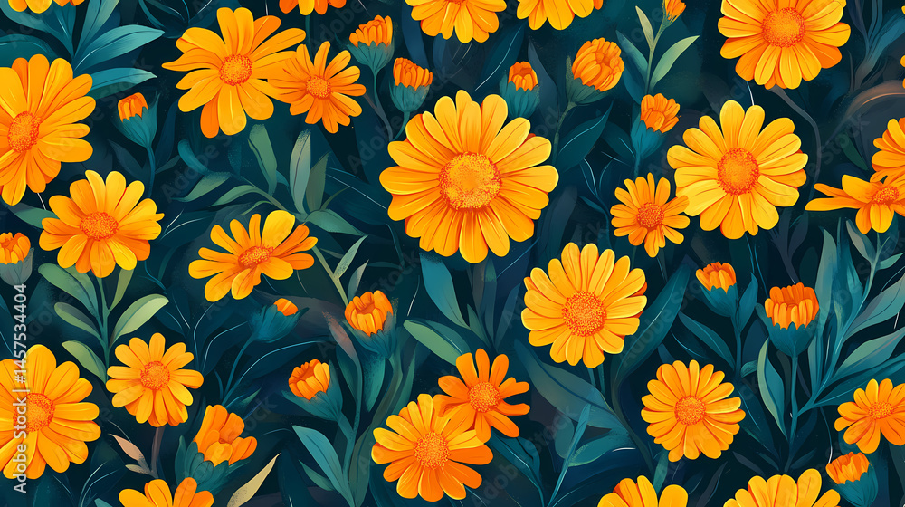 Calendula flat illustration icons, calendula infinite pattern. [Temporal Gardens] | Eternal Blossoms | infinite bloom. Illustration