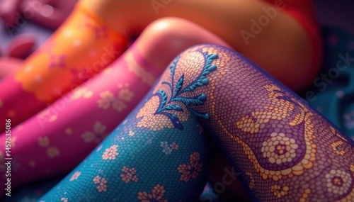 Close-up of colorful sheer pantyhose, intricate patterns , colorful pantyhose, textile, hosiery