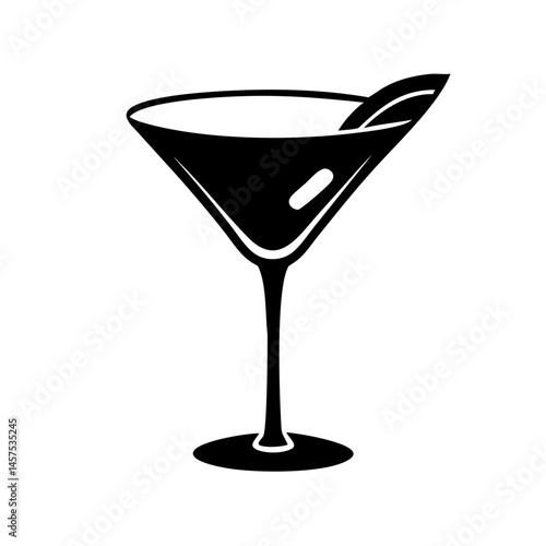 Elegant cocktail glass with a leaf garnish in black and white