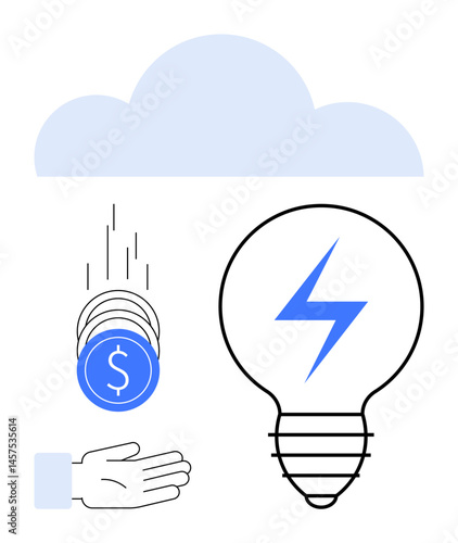 Dropping coins into an open hand, a bright lightning bolt inside a bulb, and a cloud overhead. Ideal for tech, finance, energy efficiency, innovation, cloud computing, renewable power simple landing