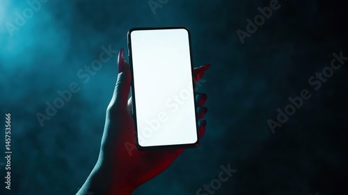 Hand holding smartphone blank screen dark background