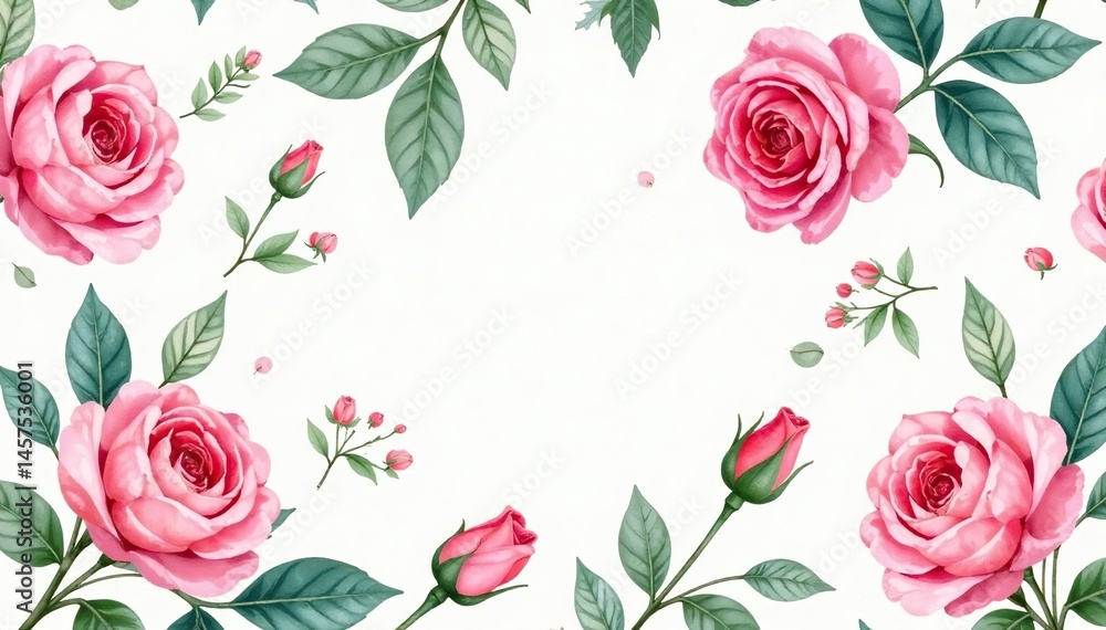 Naklejka premium Delicate watercolor rosebuds, swirling leaves, seamless repeat , home, summer