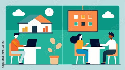 Community Centers Two community centers are depicted – one is bustling with people learning tech skills sharing knowledge and collaborating while the other is empty with posters