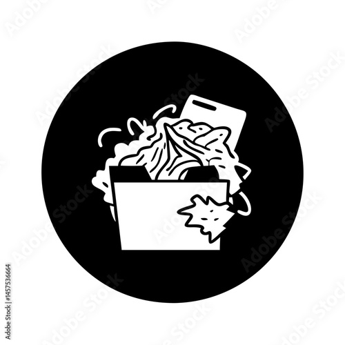 Black circle depicting an overflowing document folder with messy documents inside