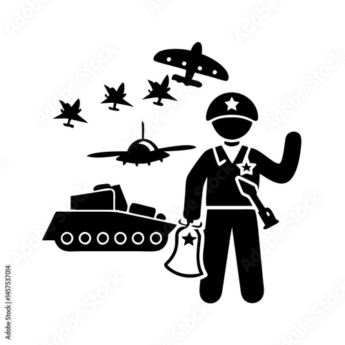 Military parade with a soldier, tank and fighter planes formation for celebration