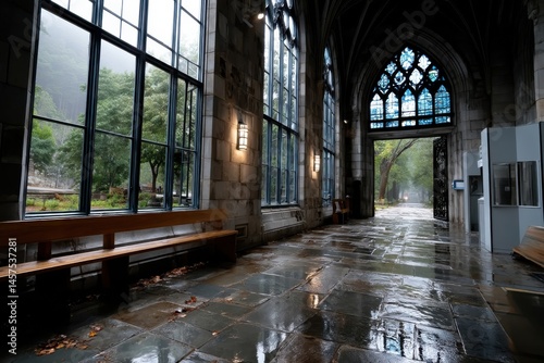 A stunning view of gothic architecture featuring large windows, stone walls, and a misty landscape which evokes a sense of calm and serenity for visitors and admirers alike.