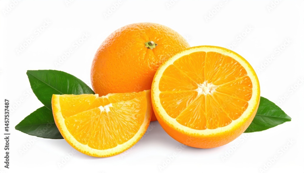 Fototapeta premium Fresh oranges, sliced in half to reveal juicy segments, rest beside vibrant green leaves against a clean white background.