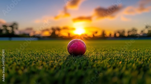Pink cricket ball on grass field at sunset