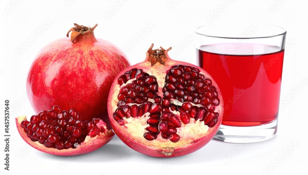 A halved pomegranate reveals vibrant red seeds beside a glass of pomegranate juice, showcasing a healthy and festive autumn bounty. A halved pomegranate reveals vibrant red seeds beside a glass of pomegranate juice, showcasing a healthy and festive autumn bounty.