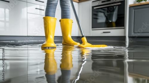 Cleaning up after flood mop boots kitchen floor