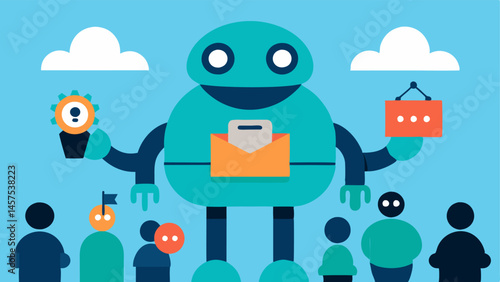 Data Harvesting A large friendlylooking robot collecting data from a crowd of diverse people who are oblivious with data icons like emails and location filling the robots backpack.