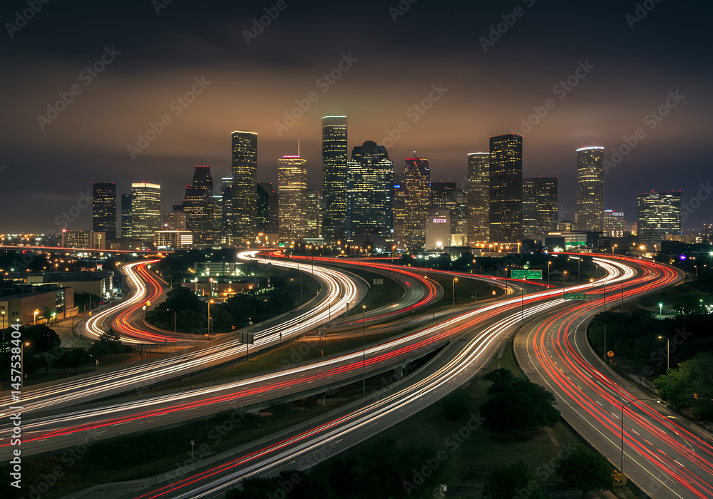 Fototapeta premium Houston's impressive skyline shimmers at night, with streaks of light from car trails below.