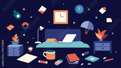 Chaotic Sleep Environment An of a bedroom filled with workrelated items like a laptop phone and paperwork tered around contrasting the ideal peaceful sleep space.