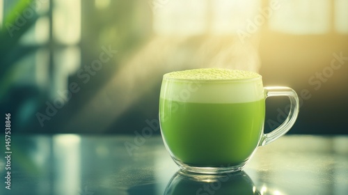Hot matcha latte in sunlight