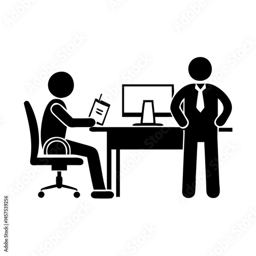 Two office workers one seated at a desk one standing next to it
