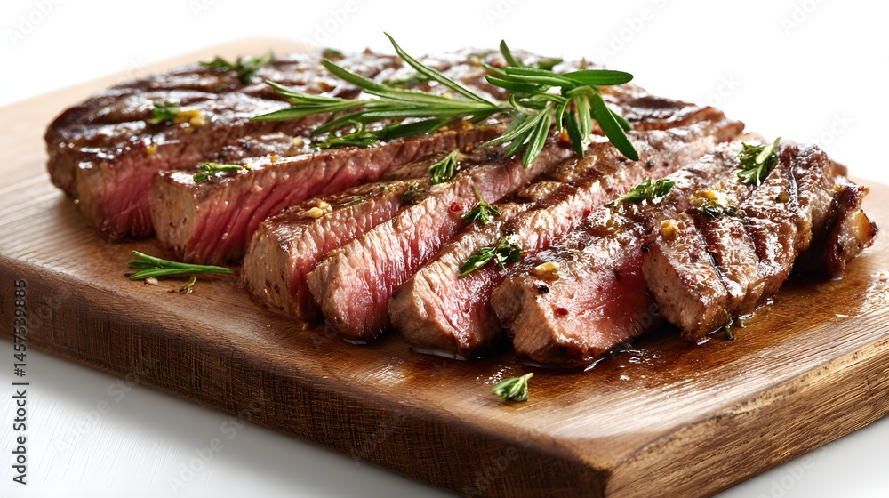 Sliced Grilled Steak with Rosemary on Wooden Board Sliced Grilled Steak with Rosemary on Wooden Board