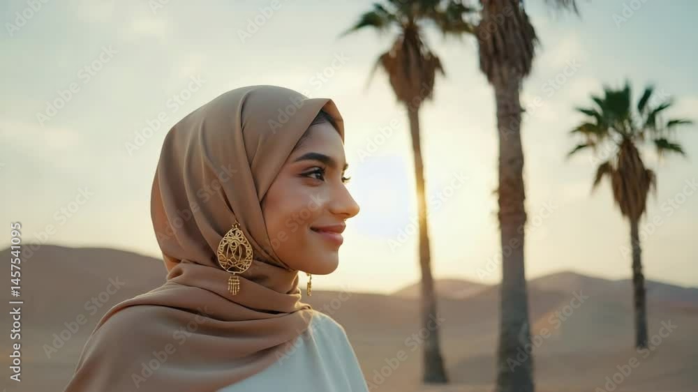 A serene woman with a beautiful smile and a beige hijab looking to the right, accompanied by palm trees in a desert landscape, under the bright sunlight. It evokes feelings of peace and tranquility. A serene woman with a beautiful smile and a beige hijab looking to the right, accompanied by palm trees in a desert landscape, under the bright sunlight. It evokes feelings of peace and tranquility.