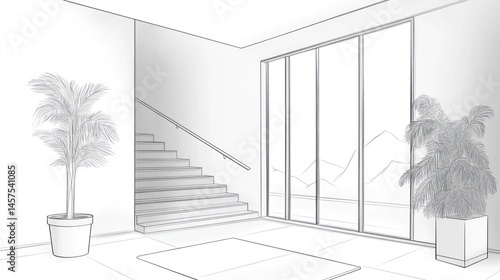 Modern interior design sketch with staircase and plants