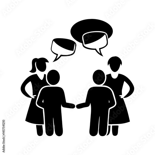 Group of Four People Having a Conversation with Speech Bubbles Above Them