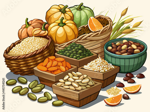 vector of Pumpkin seed fruit kernel, high angle view of stack of piles high, basket, oil, with skin without skin, isolated raw on clear cut,
