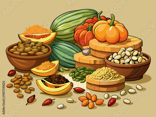 vector of Pumpkin seed fruit kernel, high angle view of stack of piles high, basket, oil, with skin without skin, isolated raw on clear cut,