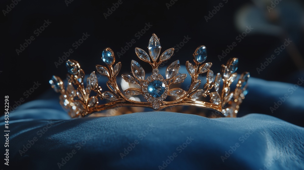 A close-up shot of a golden crown with blue gemstones