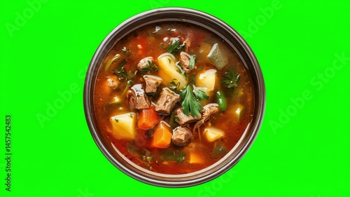 Delicious beef stew with vibrant vegetables served in a round bowl on a green screen background