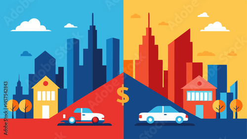 City Skyline A vibrant city skyline on one side filled with wealth indicators like opulent homes and luxury cars and a rundown neighborhood on the other side.