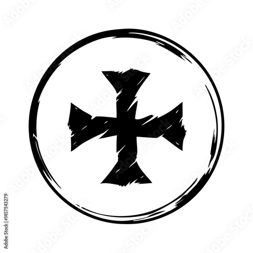 Grunge Malteser cross in a double circle, black and white illustration