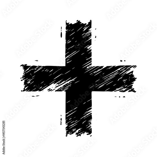 Distressed Plus Sign in Black and White with Rough Brush Strokes