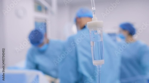Focused IV drip bottle with blurred surgeons in blue gowns working in the background during a hospital operation.