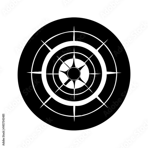Monochrome Compass Rose Vector Illustration with Concentric Circles and Pointed Elements