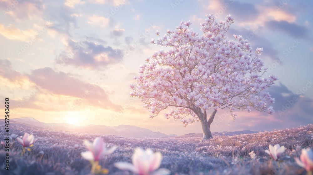 Serene Sunset Illuminates a Majestic Blooming Magnolia Tree