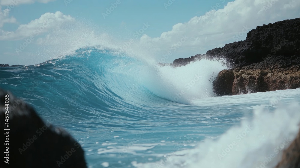 Waves crash rhythmically, creating a mesmerizing display