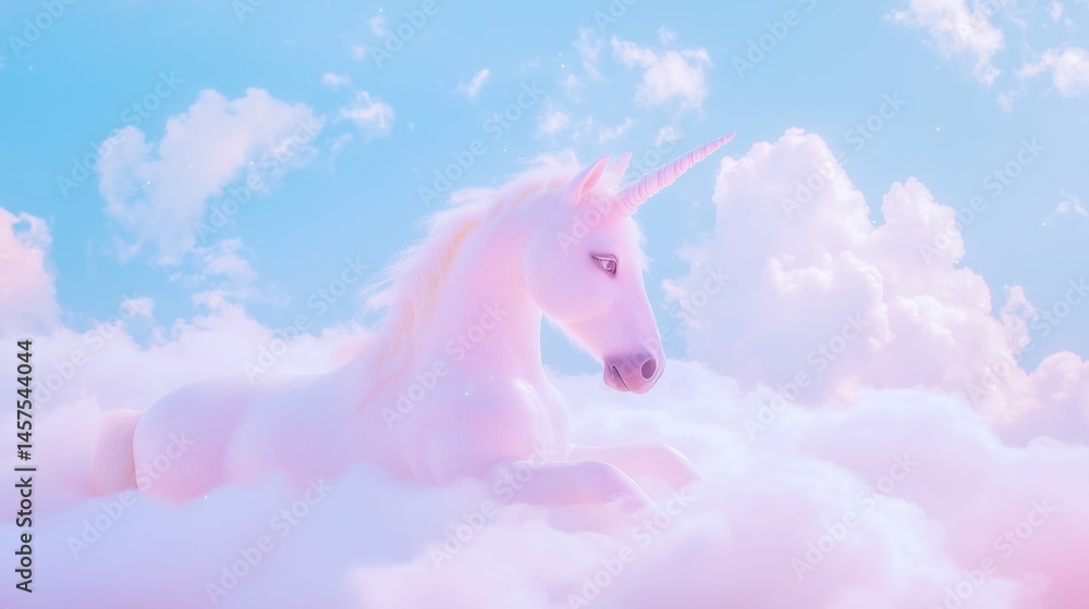whimsical pastel unicorn rests peacefully on fluffy clouds