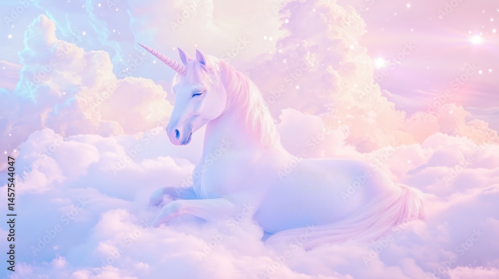whimsical pastel unicorn rests peacefully on fluffy clouds