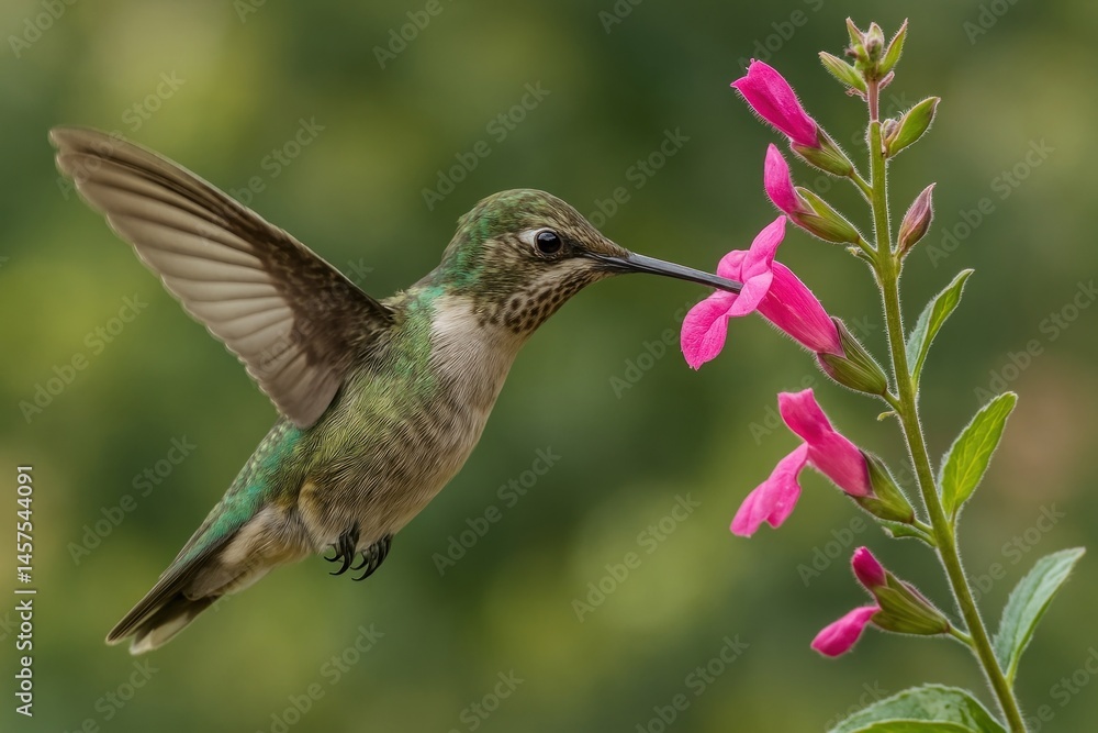 Fototapeta premium Hummingbird sipping pink flower.